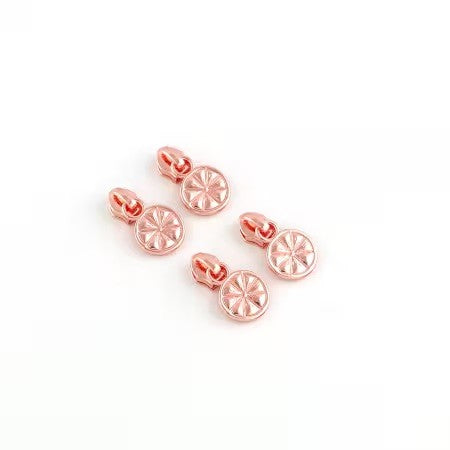 Four citrus slice zipper pulls rose gold finish novelty fruit bag hardware