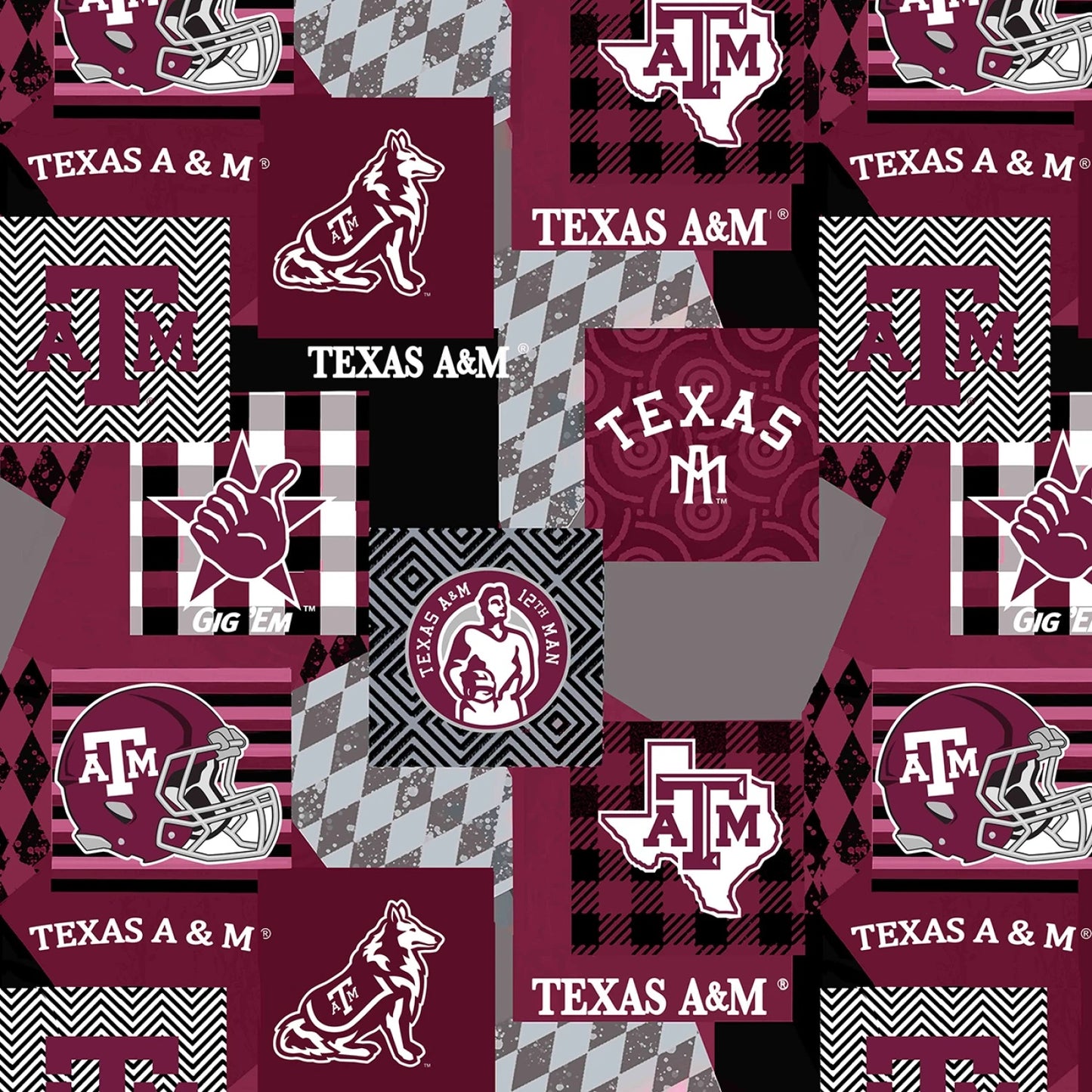 Texas AM Micro Minky geometric allover licensed fabric