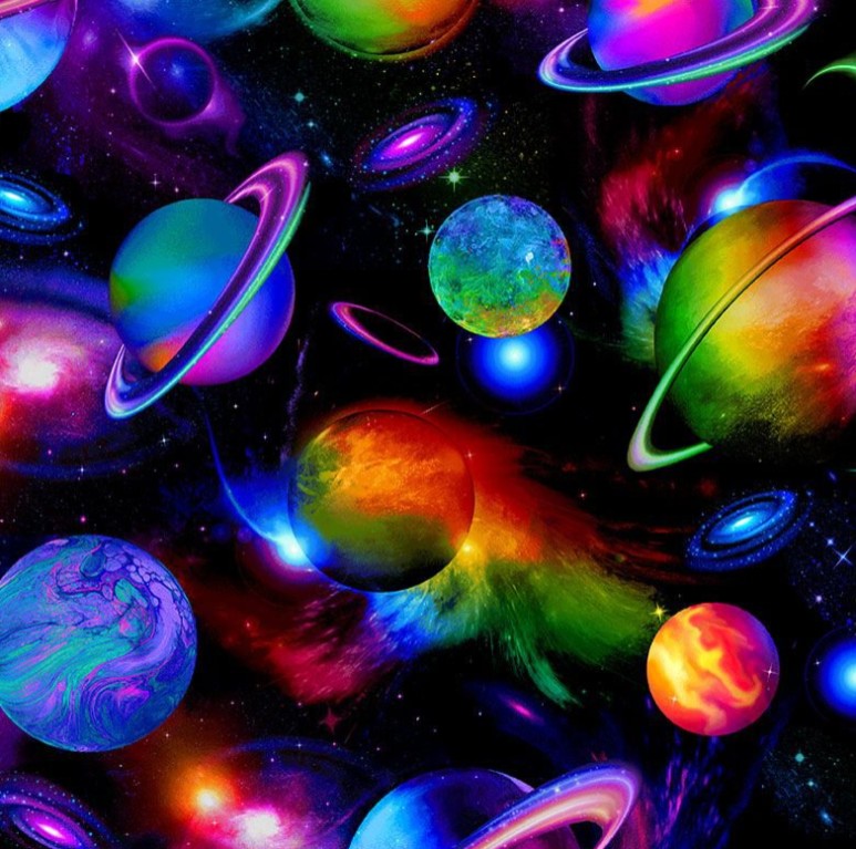 Timeless Treasures Bright Solar System Space Black cotton fabric