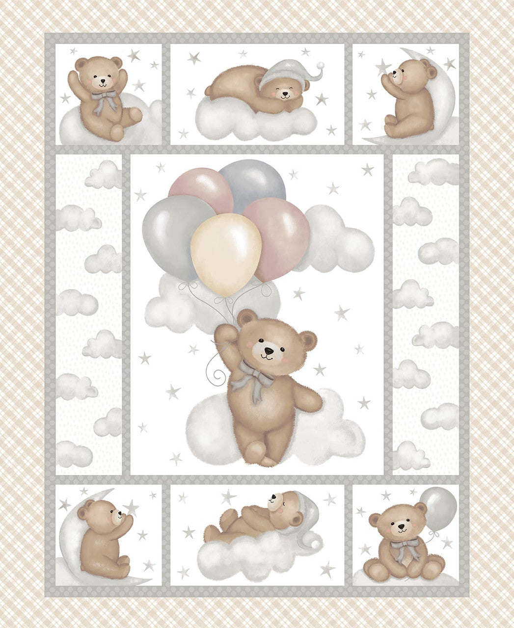 Sleepy Teddy Panel Oatmeal Gray cotton panel fabric