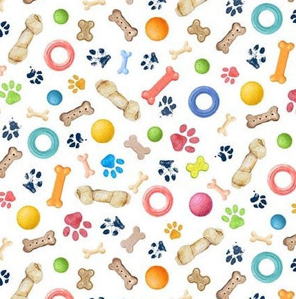 Michael Miller Dog Toys White cotton quilting fabric