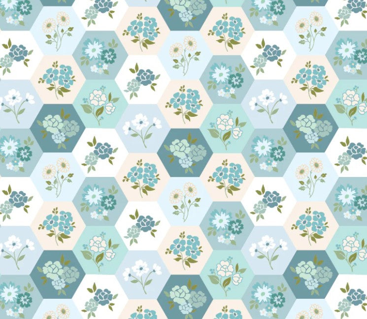 Poppie Cotton Rosy Cheeks Good Day Blue quilting cotton