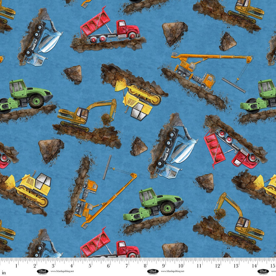 Let's Get Building blue quilting cotton fabric Studio E