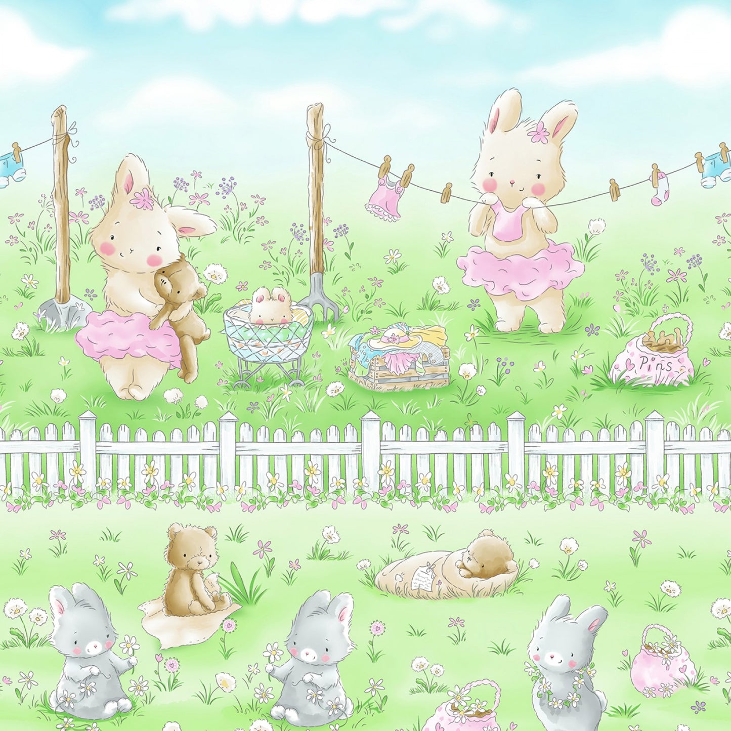 Bunny in the Meadow panel CF-7248 quilting cotton fabric panel