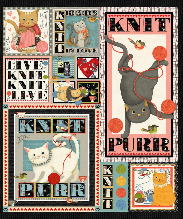 Studio E Knit 1 Purr 2 Black panel cotton fabric 8484P