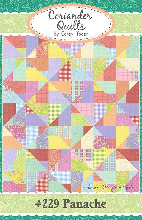 Colorful quilt pattern with 'Coriander Quilts' branding on a green border
