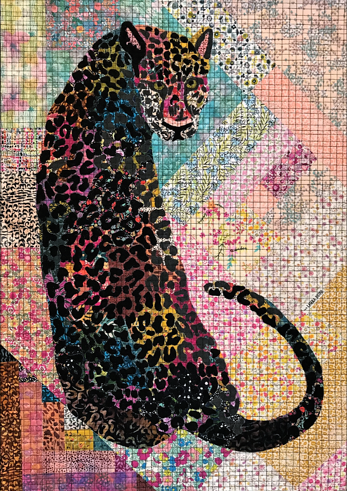 Colorful mosaic of a panther on a patterned background