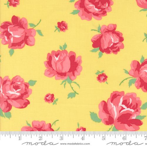 Pink roses on a yellow background with Moda label at the bottom.