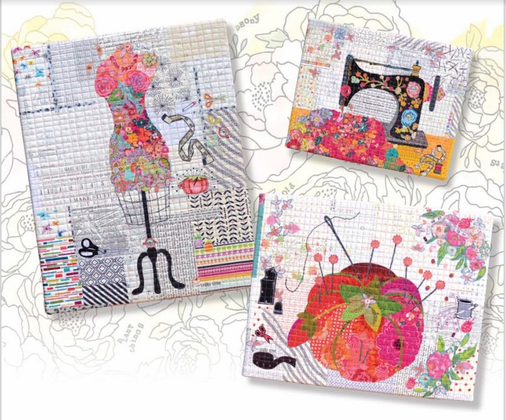 Teeny Tiny Collage Pattern #5 by Laura Heine featuring Pincushion, Dress Form, and Sewing Machine, full-sized patterns for 16 x 20 quilts