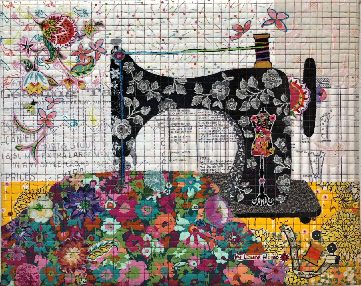 Teeny Tiny Sewing Machine collage quilt kit 3rd Edition by Laura Heine, small 16 x 20 quilt top