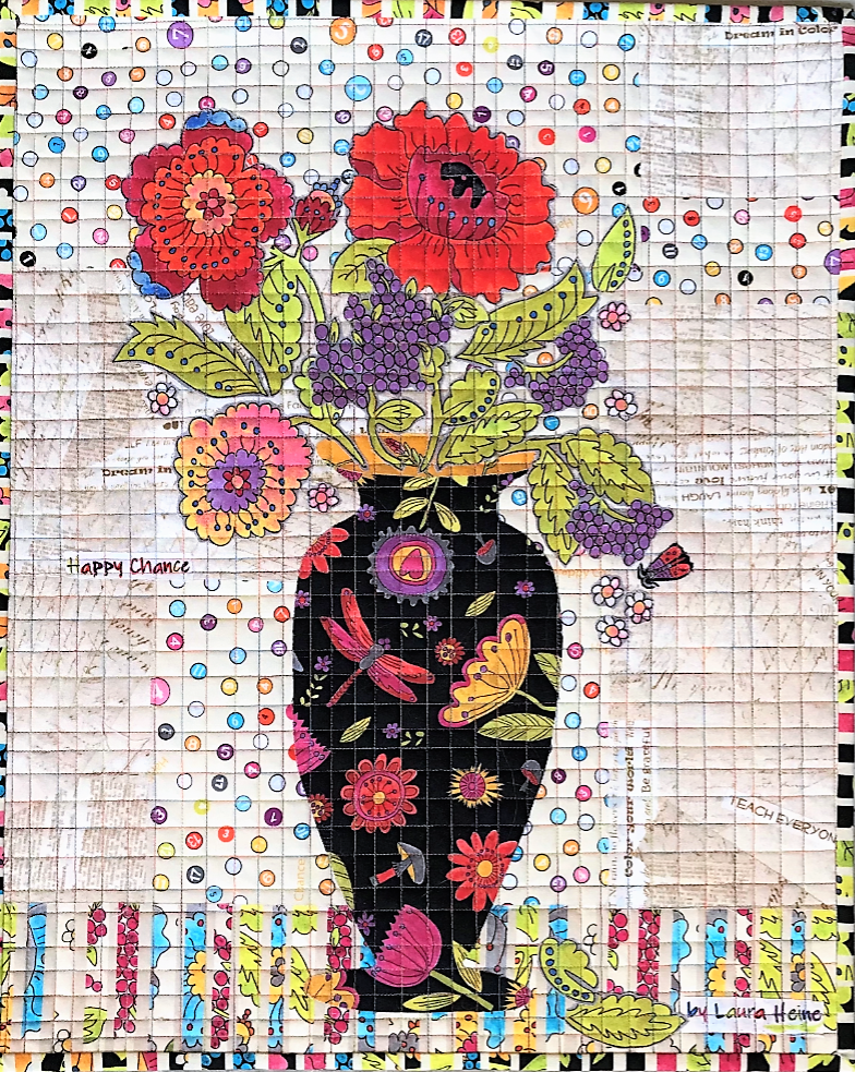 Teeny Tiny Statement Vase collage quilt kit by Laura Heine, finished 16 x 20 mini quilt