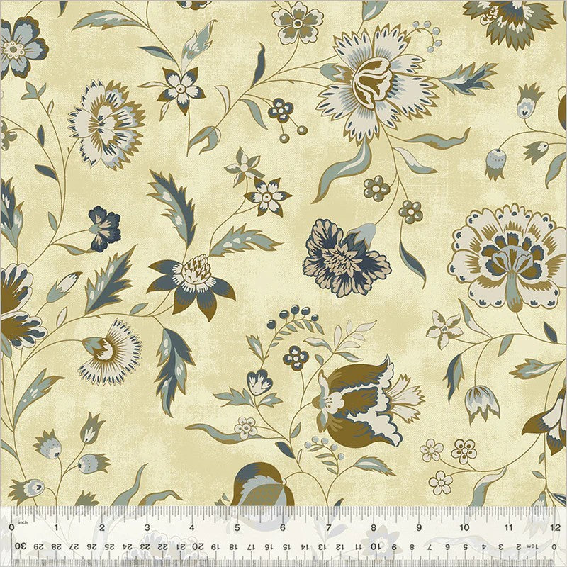 Floral patterned fabric with a ruler at the bottom for scale.