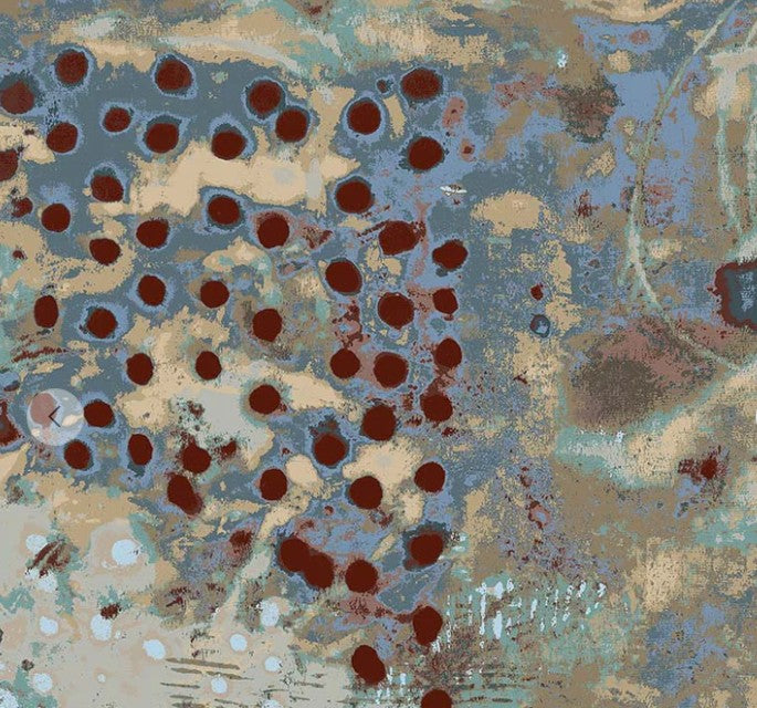 Abstract art with red circular patterns on a textured background