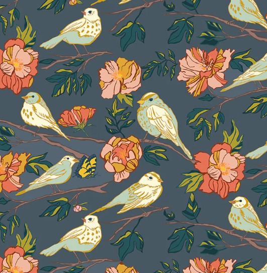 Pattern of birds and flowers on a dark blue background
