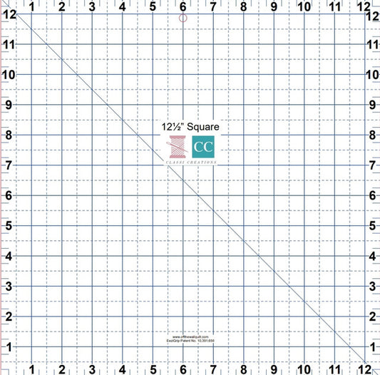 Quilting ruler with grid lines and measurements, featuring the brand 'CC'.