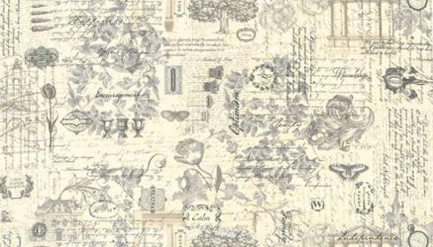 Vintage-style wallpaper with architectural elements and text on a beige background