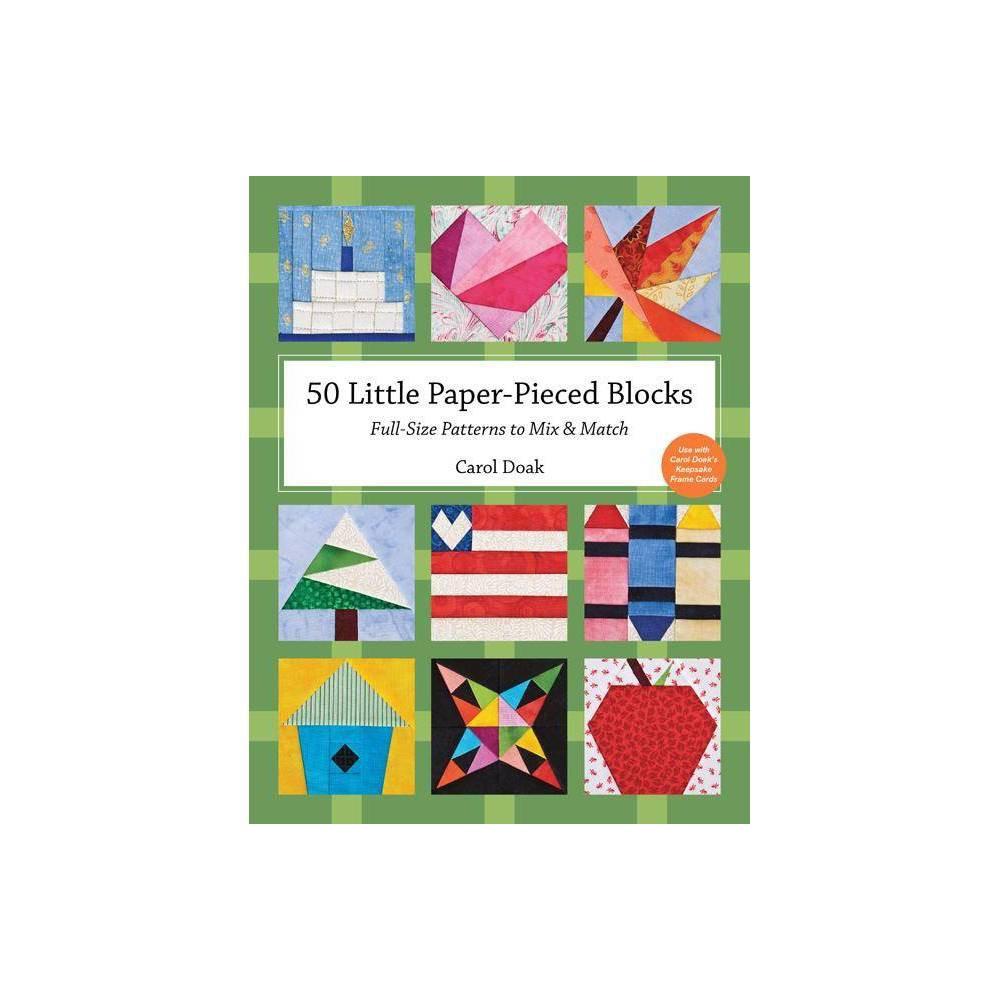Book cover of '50 Little Paper-Pieced Blocks' with colorful quilt block patterns on a green background.