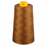 Spool of brown thread with a yellow cap on a white background