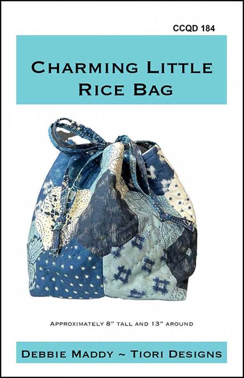 Pattern book cover for 'Charming Little Rice Bag' by Debbie Maddy with a fabric bag illustration.