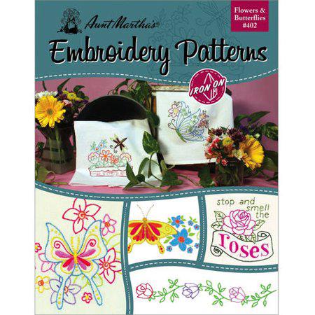 Aunt Martha's Iron-On Embroidery Patterns book cover with floral and butterfly designs.