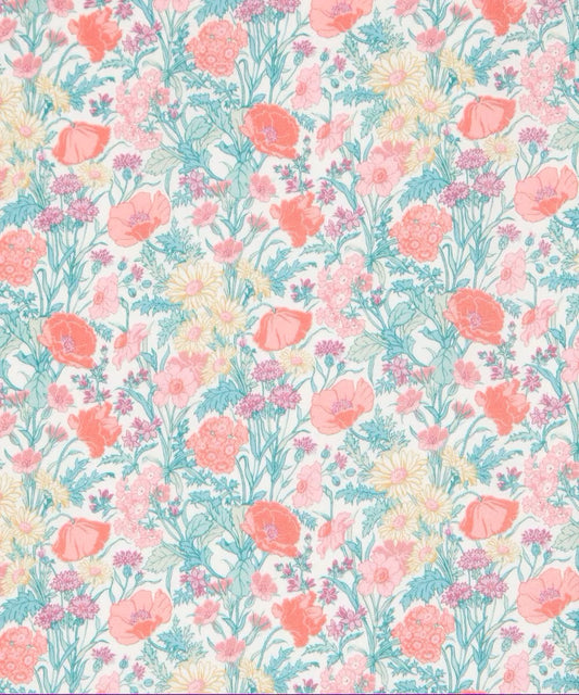 Floral pattern with pink and orange flowers on a light blue background
