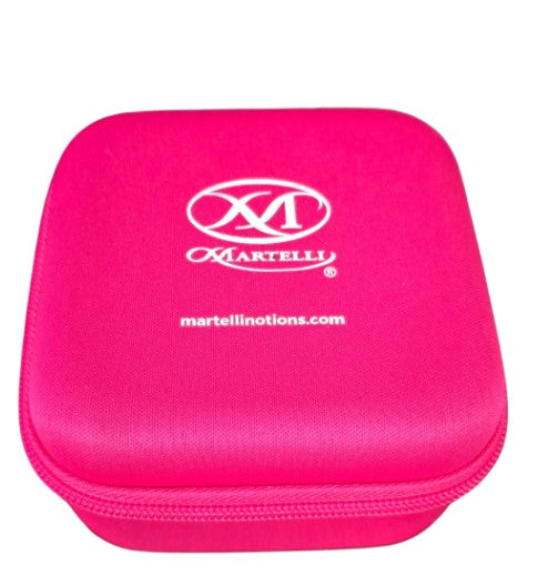 Pink case with Martellii logo and website on a white background