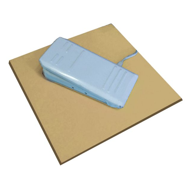 Blue step stool on a beige mat with a white background