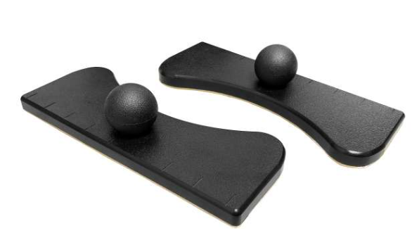 Two black foot rollers with spherical ends on a white background