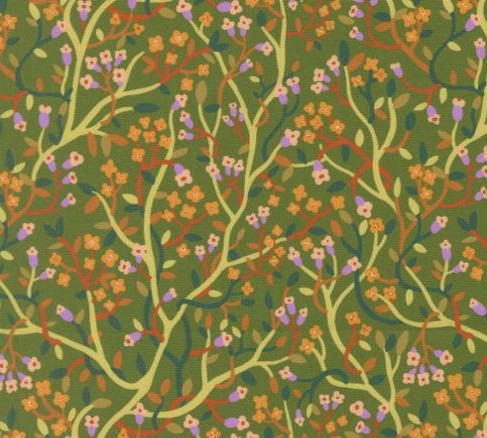 Patterned fabric with green background and multicolored floral design