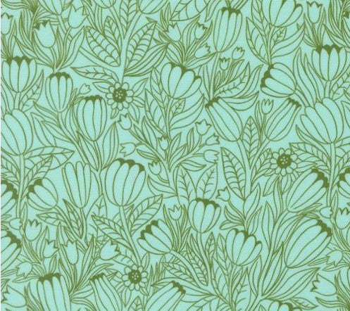 Pattern of stylized flowers and leaves in green on a light blue background