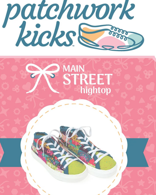 Colorful high-top sneakers on a pink background with 'patchwork kicks' branding.