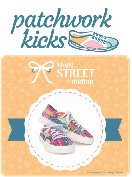 Product packaging for 'patchwork kicks' with colorful sneakers on an orange background