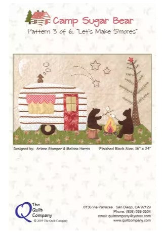 Quilt pattern cover for 'Camp Sugar Bear' featuring two bears around a campfire with a tree and stars in the background.