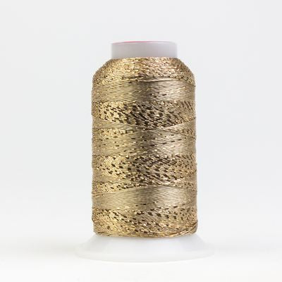 Gold spool of thread on a white background