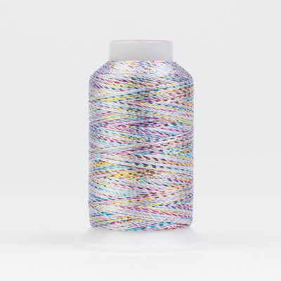 Spool of multicolored yarn on a white background