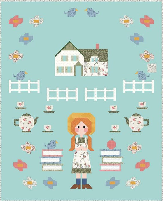 Illustration of a house, fence, girl with books, and teapots on a light blue background