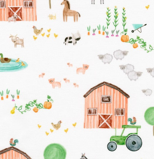 Farm-themed pattern with barns, animals, and tractors on a white background
