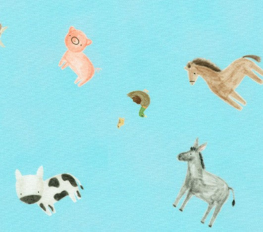 Illustrations of farm animals on a blue background