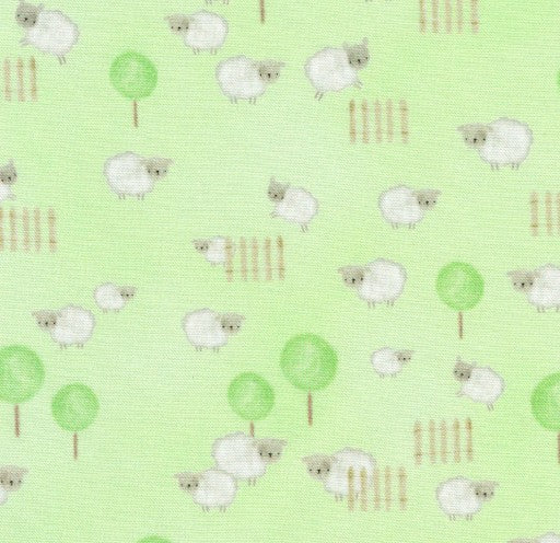 Pattern of sheep and trees on a green background