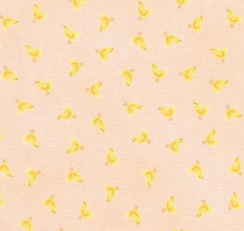 Pattern of small yellow chickens on a light pink background