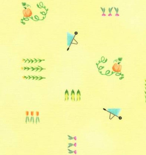 Pattern of small icons including a umbrella, corn, and flowers on a yellow background