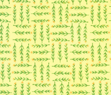 Pattern of green leaves and small orange flowers on a yellow background