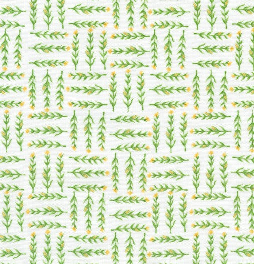 Pattern of green leaves and yellow flowers on a white background