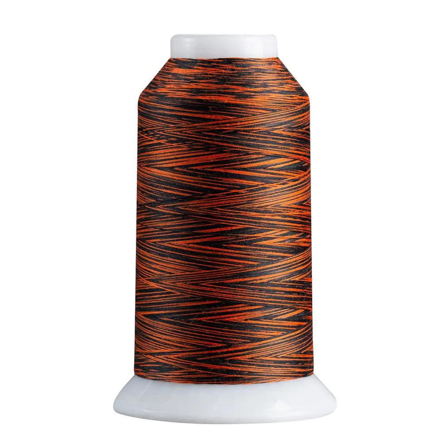 Spool of black and orange thread on a white background
