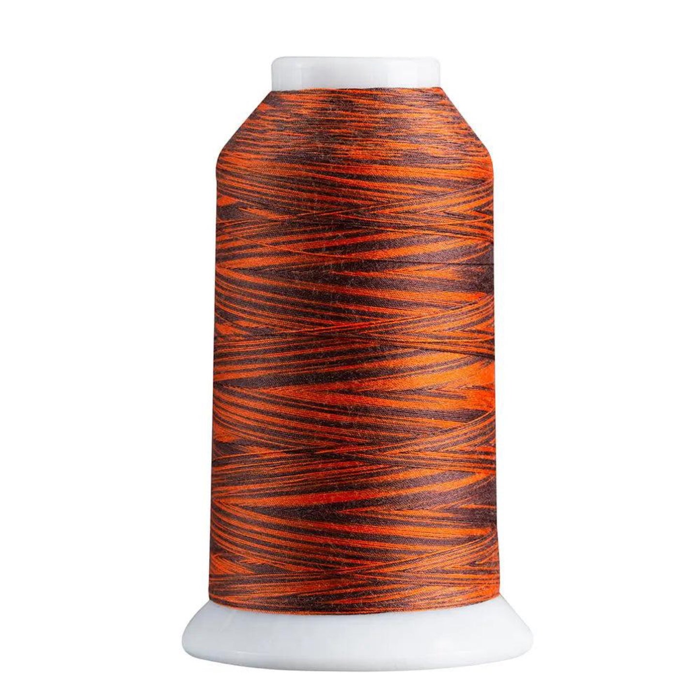 Spool of orange and black thread on a white background