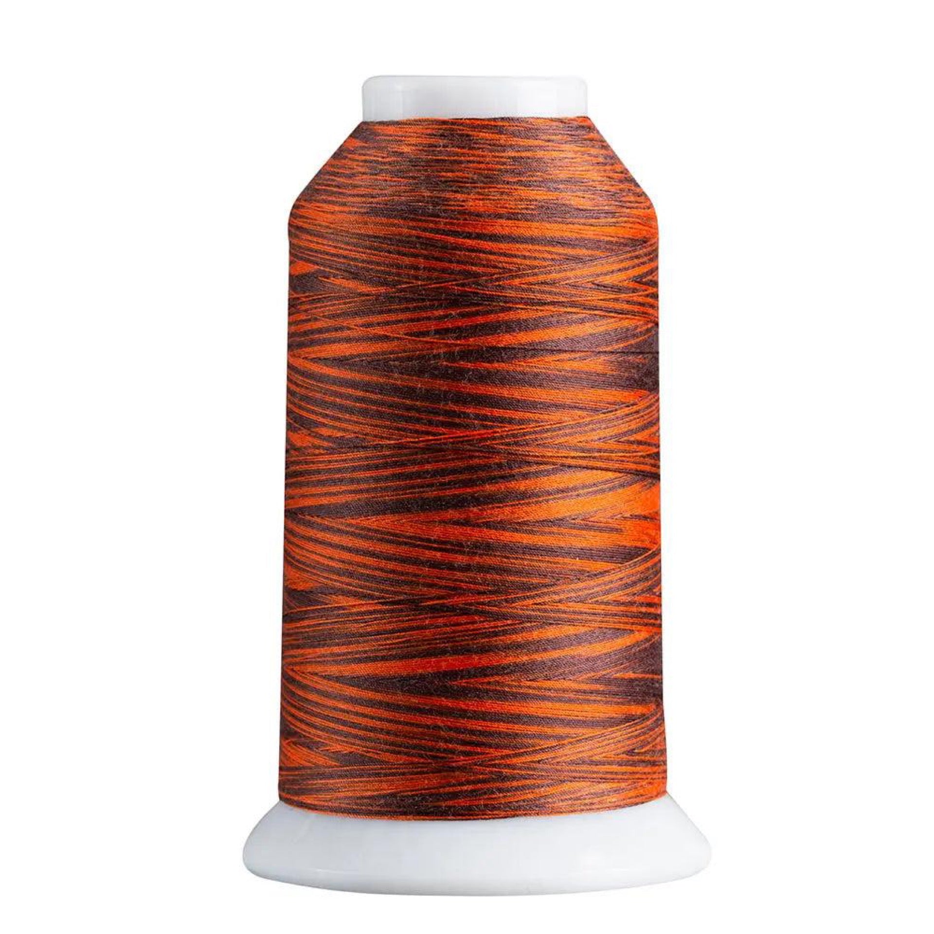 Spool of orange and black thread on a white background