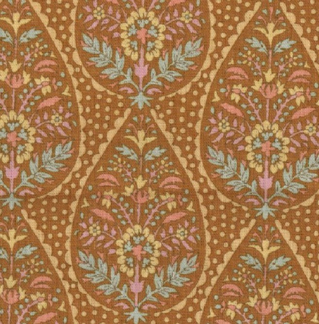 Decorative fabric pattern with floral and leaf designs on a brown background