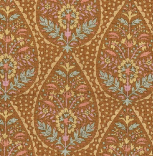 Decorative fabric pattern with floral and leaf designs on a brown background