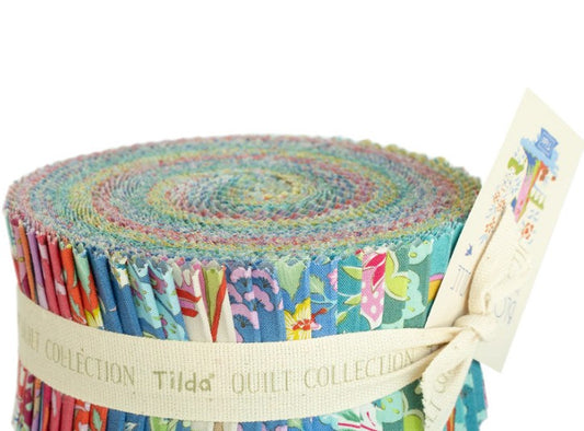 Roll of colorful fabric strips with a Tilda label on a white background