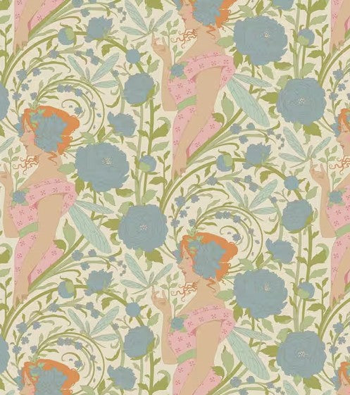 Decorative fabric pattern with stylized figures and flowers on a beige background